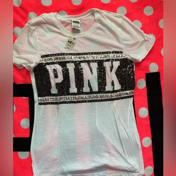 NWT VS PINK Bling Sequin SHEER white Tee XS - Picture 1 of 2
